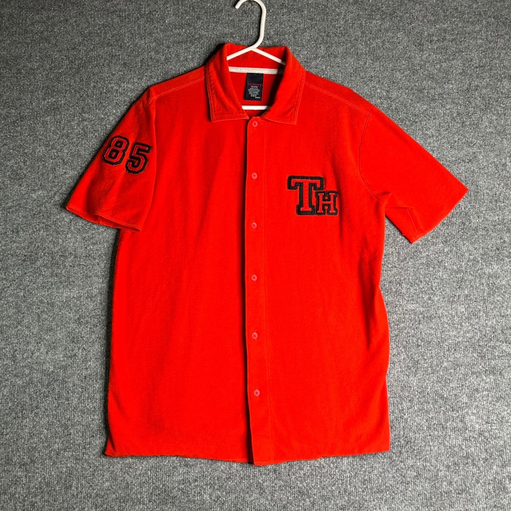 Y2K Tommy Jeans Men Red Terry Cloth Varsity Button Up Shirt TH 85 Patch Size M